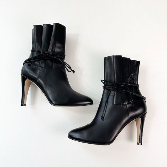 GUCCI Indya Pleated Bow Tie GG Boots Size 38 US 8 Black Leather Ankle Tie Strap - Picture 3 of 15